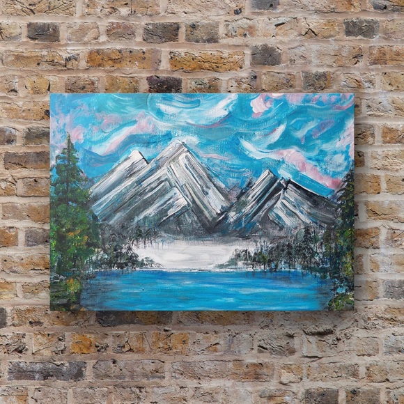 Winter wonderland, mountains with ice and trees, nature, original small painting - Picture 6 of 7